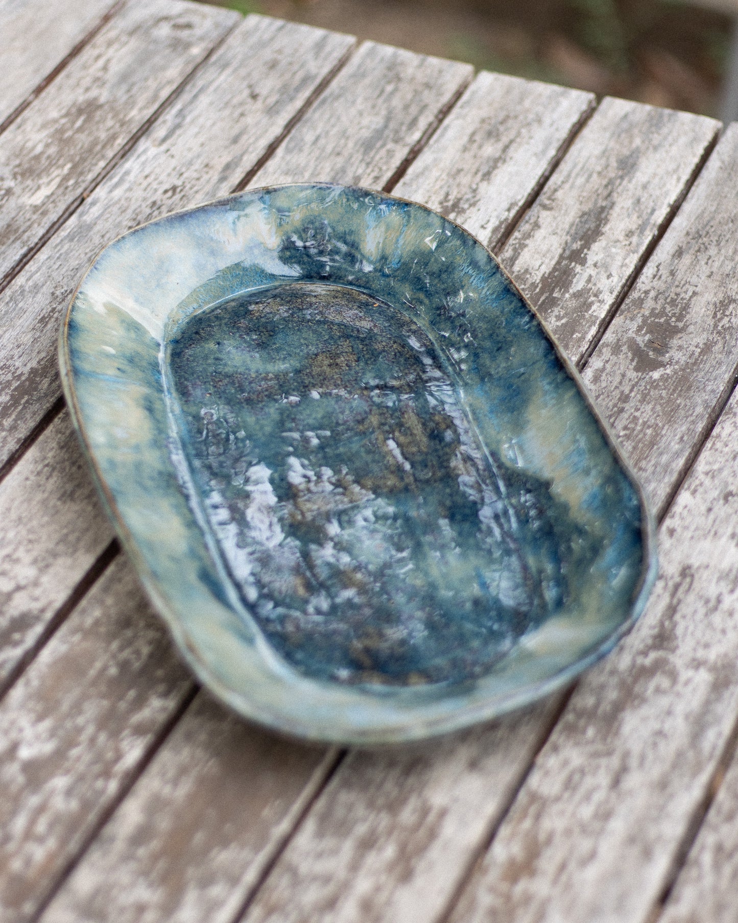Travessa Oval Cerâmica Artesanal Azul e Verde Efeito Mar Feita à Mão em Portugal