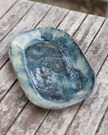 Travessa Oval Cerâmica Artesanal Azul e Verde Efeito Mar Feita à Mão em Portugal